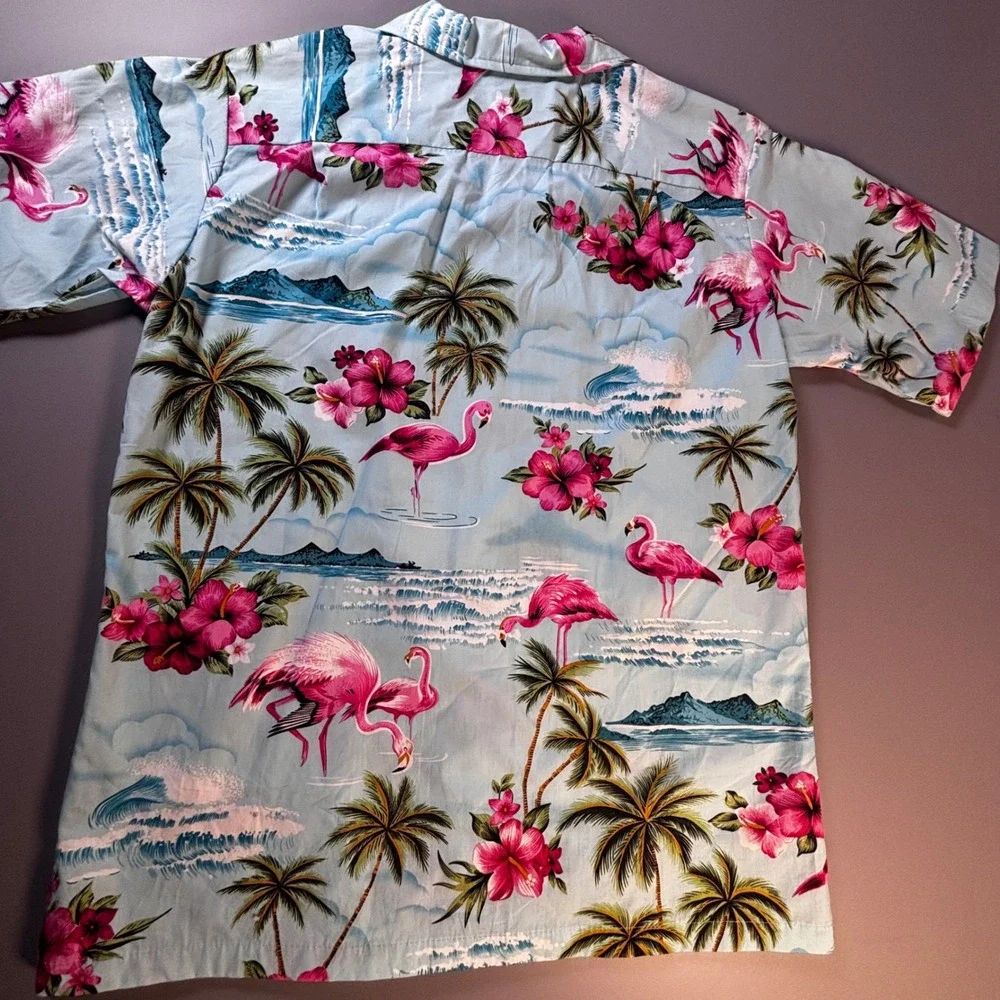 RJC‎ Hawaii Flamingo Aloha Shirt Mens Small Blue Hibiscus Tropical Made In USA